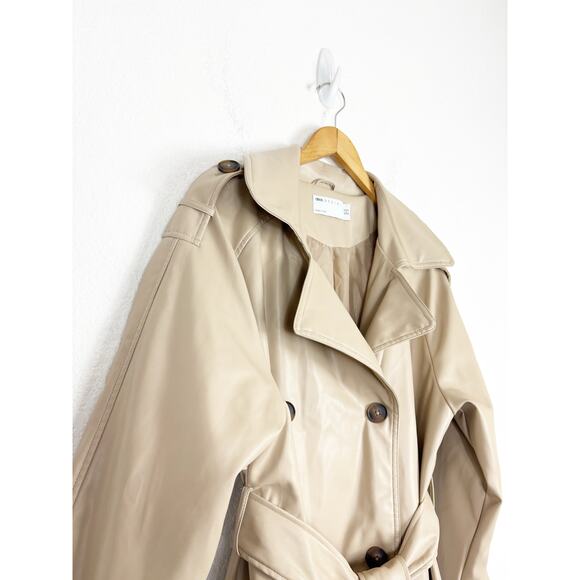ASOS DESIGN Tan Faux Leather Trench Coat Size 12 Long Preppy Chic Minimalist - Picture 5 of 15